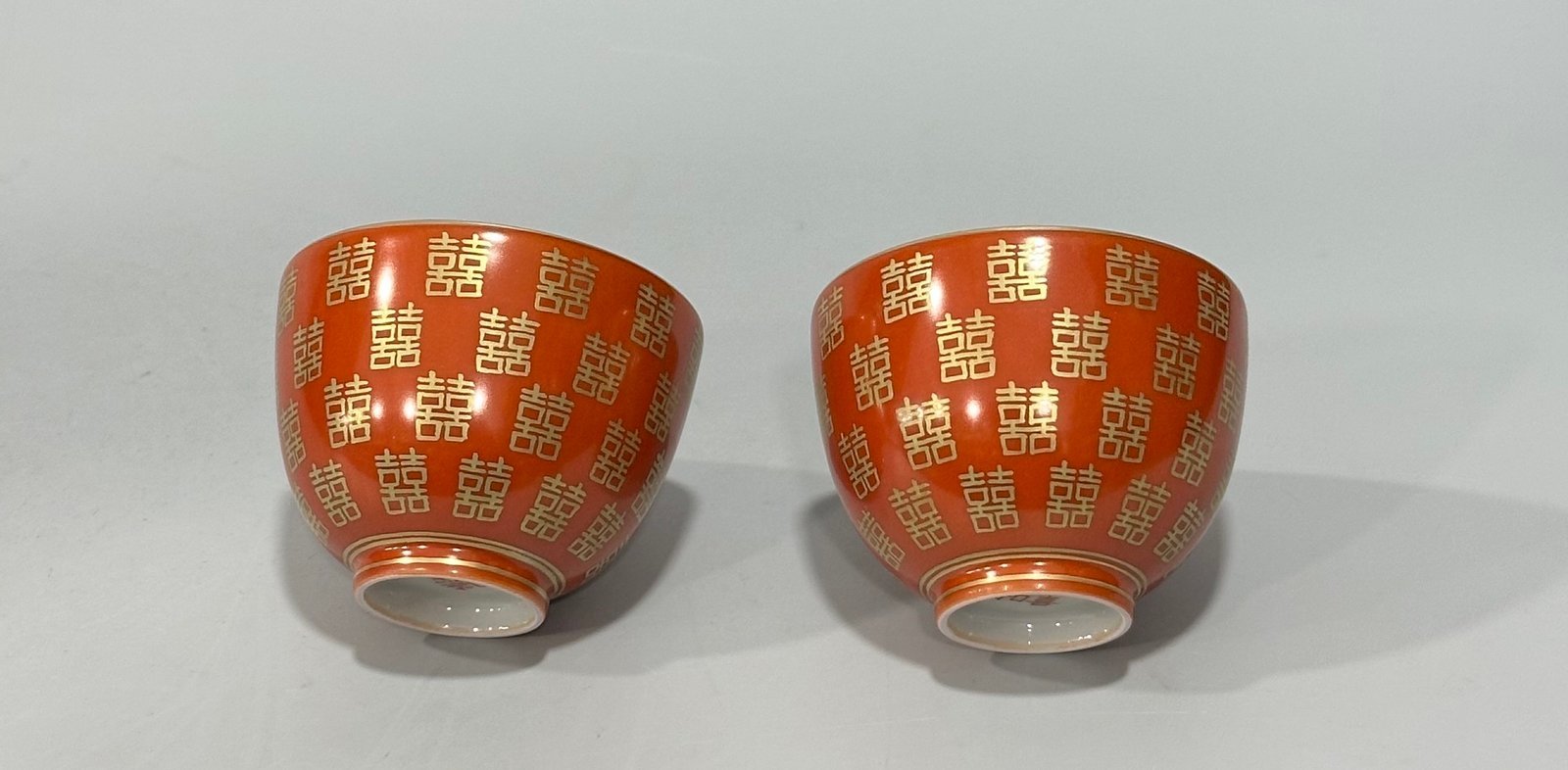 Qing Dynasty Yongzheng pastel coral red gold double happiness pattern cup