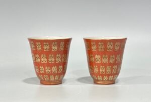 Qing Dynasty Yongzheng pastel coral red gold double happiness pattern cup