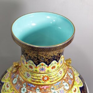 Qing Dynasty Qianlong blue glaze and gold open window four seasons landscape amphora