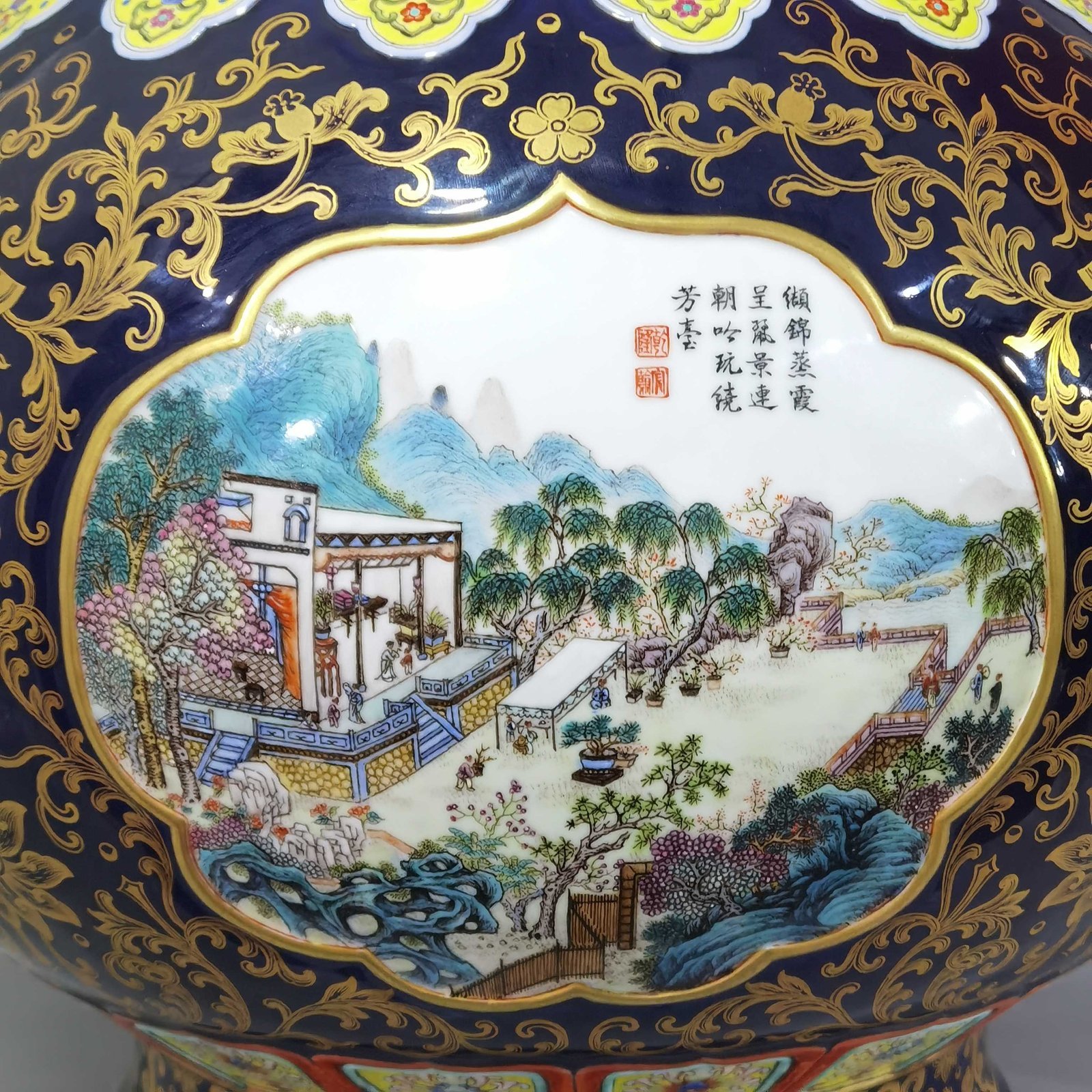 Qing Dynasty Qianlong blue glaze and gold open window four seasons landscape amphora