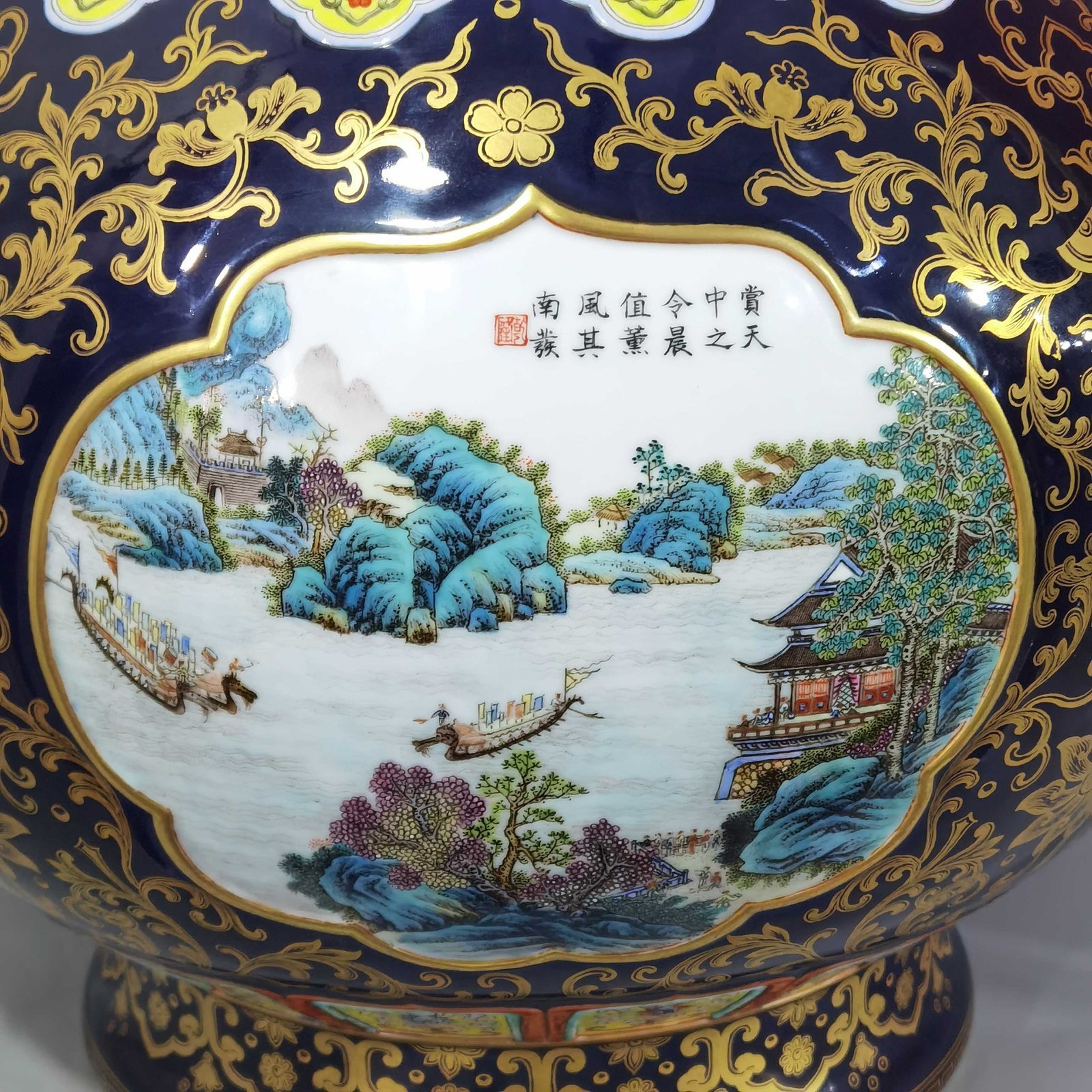 Qing Dynasty Qianlong blue glaze and gold open window four seasons landscape amphora