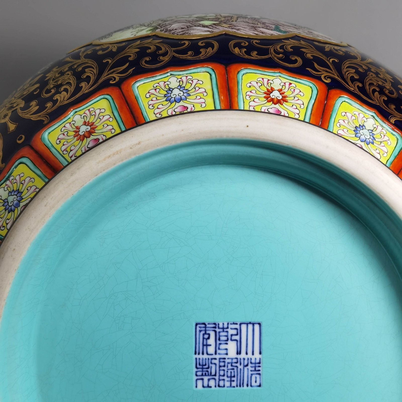 Qing Dynasty Qianlong blue glaze and gold open window four seasons landscape amphora