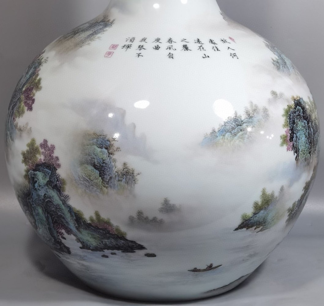 Qing Dynasty Qianlong a pair of pastel pavilions landscapes and figures poems and celestial vases