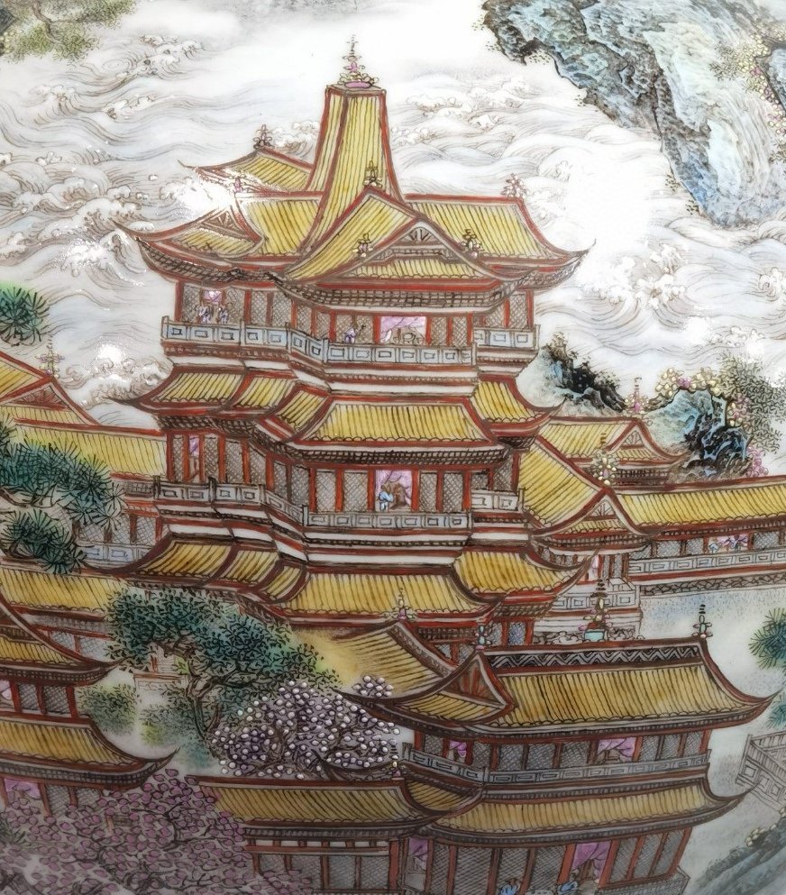Qing Dynasty Qianlong a pair of pastel pavilions landscapes and figures poems and celestial vases