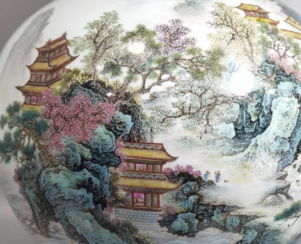 Qing Dynasty Qianlong a pair of pastel pavilions landscapes and figures poems and celestial vases