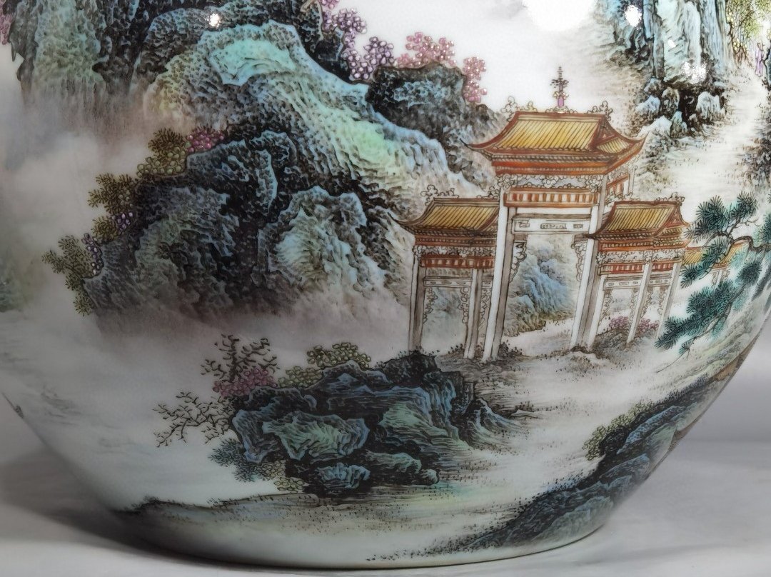 Qing Dynasty Qianlong a pair of pastel pavilions landscapes and figures poems and celestial vases