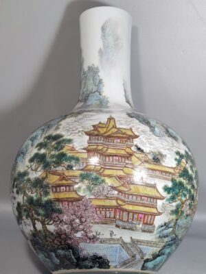 Qing Dynasty Qianlong a pair of pastel pavilions landscapes and figures poems and celestial vases