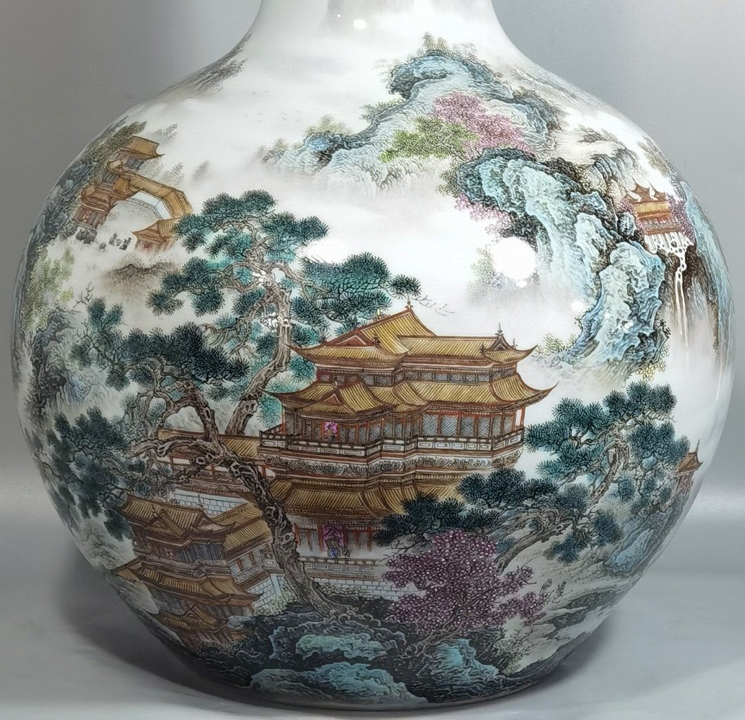 Qing Dynasty Qianlong a pair of pastel pavilions landscapes and figures poems and celestial vases