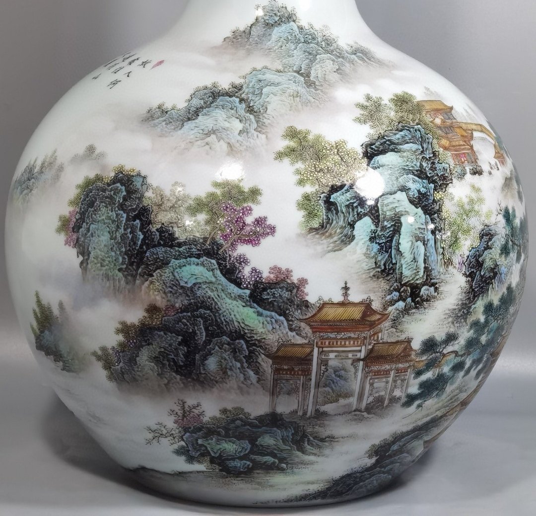 Qing Dynasty Qianlong a pair of pastel pavilions landscapes and figures poems and celestial vases