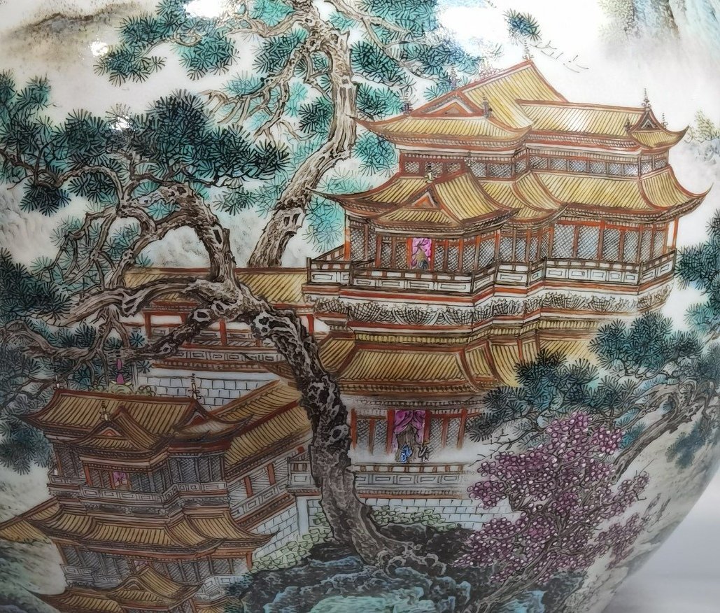 Qing Dynasty Qianlong a pair of pastel pavilions landscapes and figures poems and celestial vases