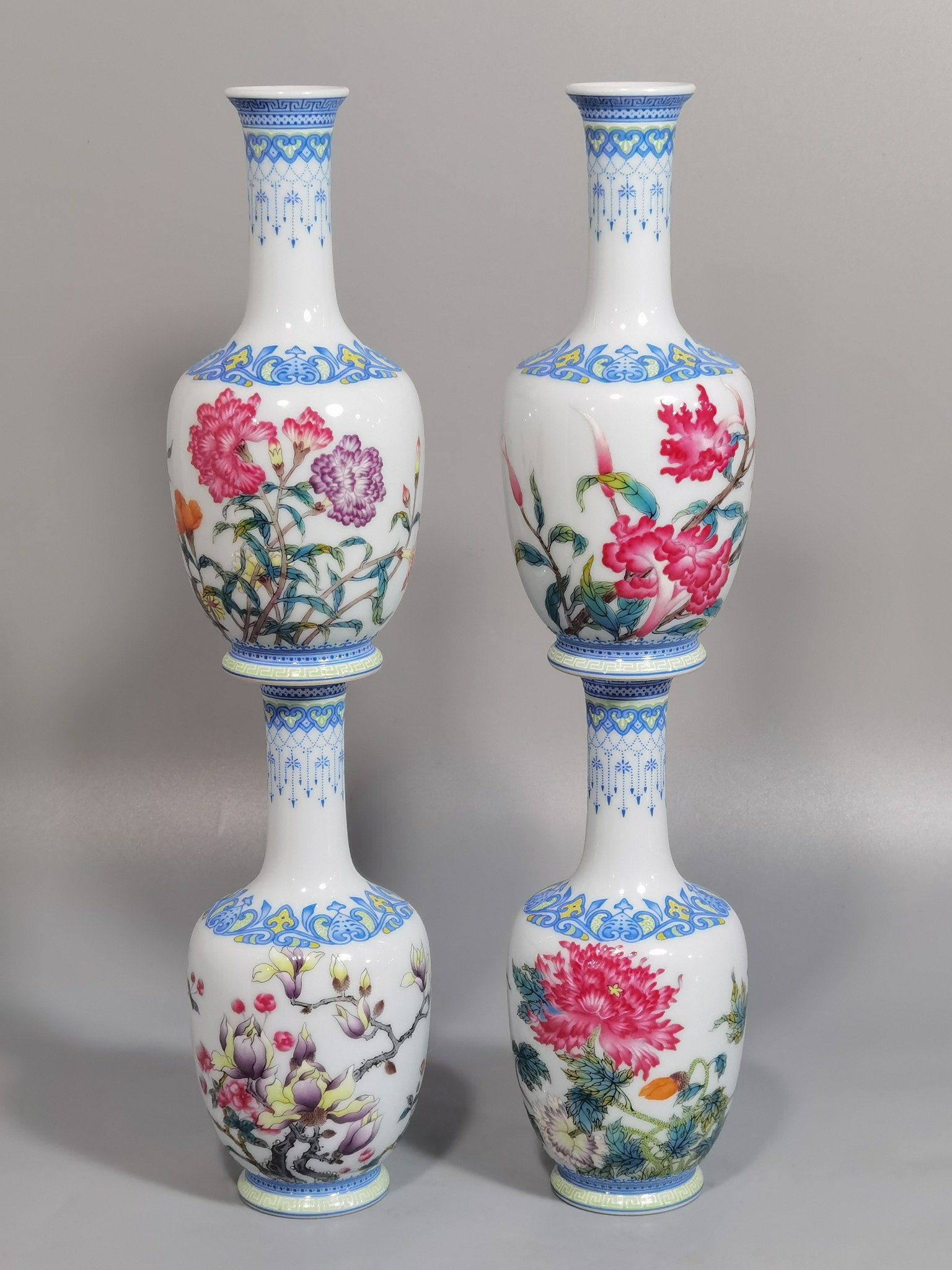 Qing Dynasty Yongzheng a set of enamel vases with twelve flower gods on top and bottom
