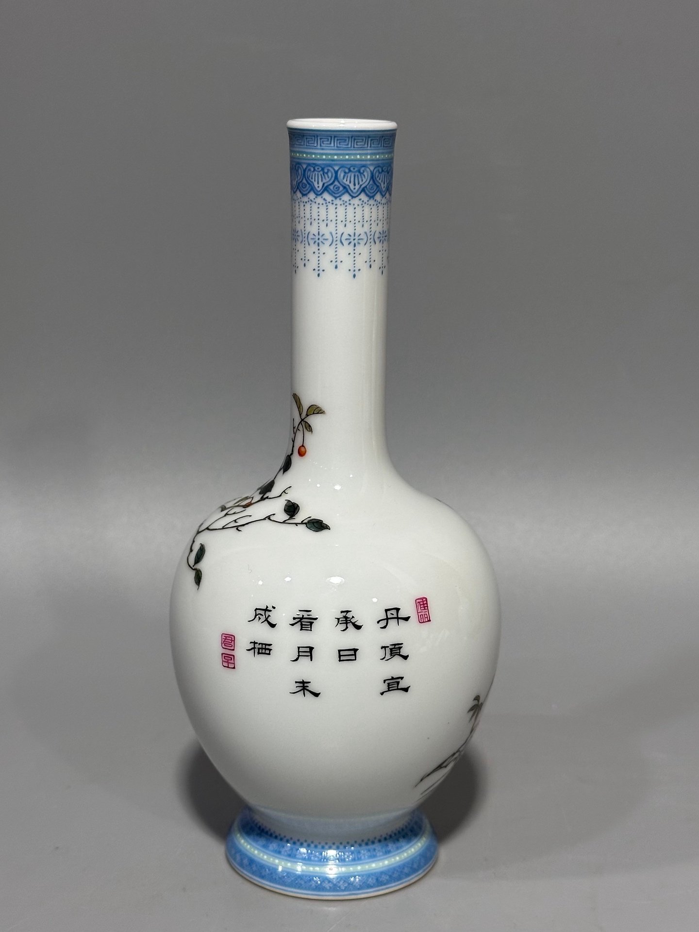 Oing Dynasty Yongzheng year enamel vase with flower and bird poetry patterns