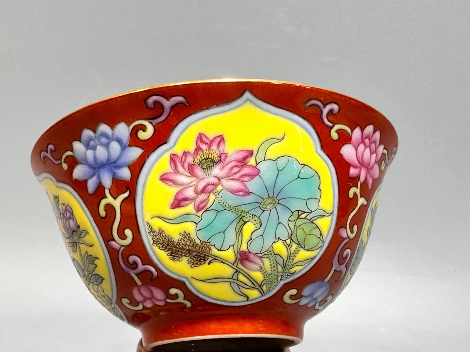 Oing Dynasty Yongzheng year carmine red cup with window opening and floral pattern