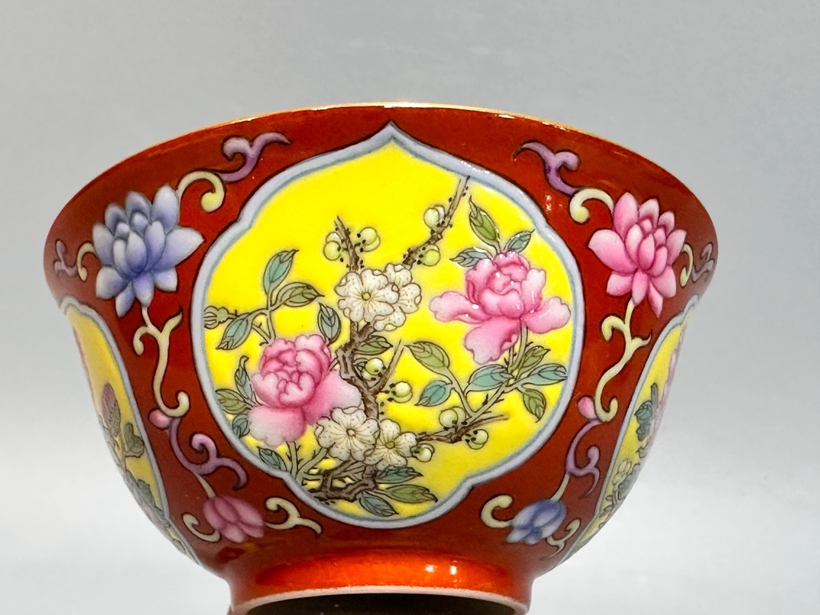 Oing Dynasty Yongzheng year carmine red cup with window opening and floral pattern