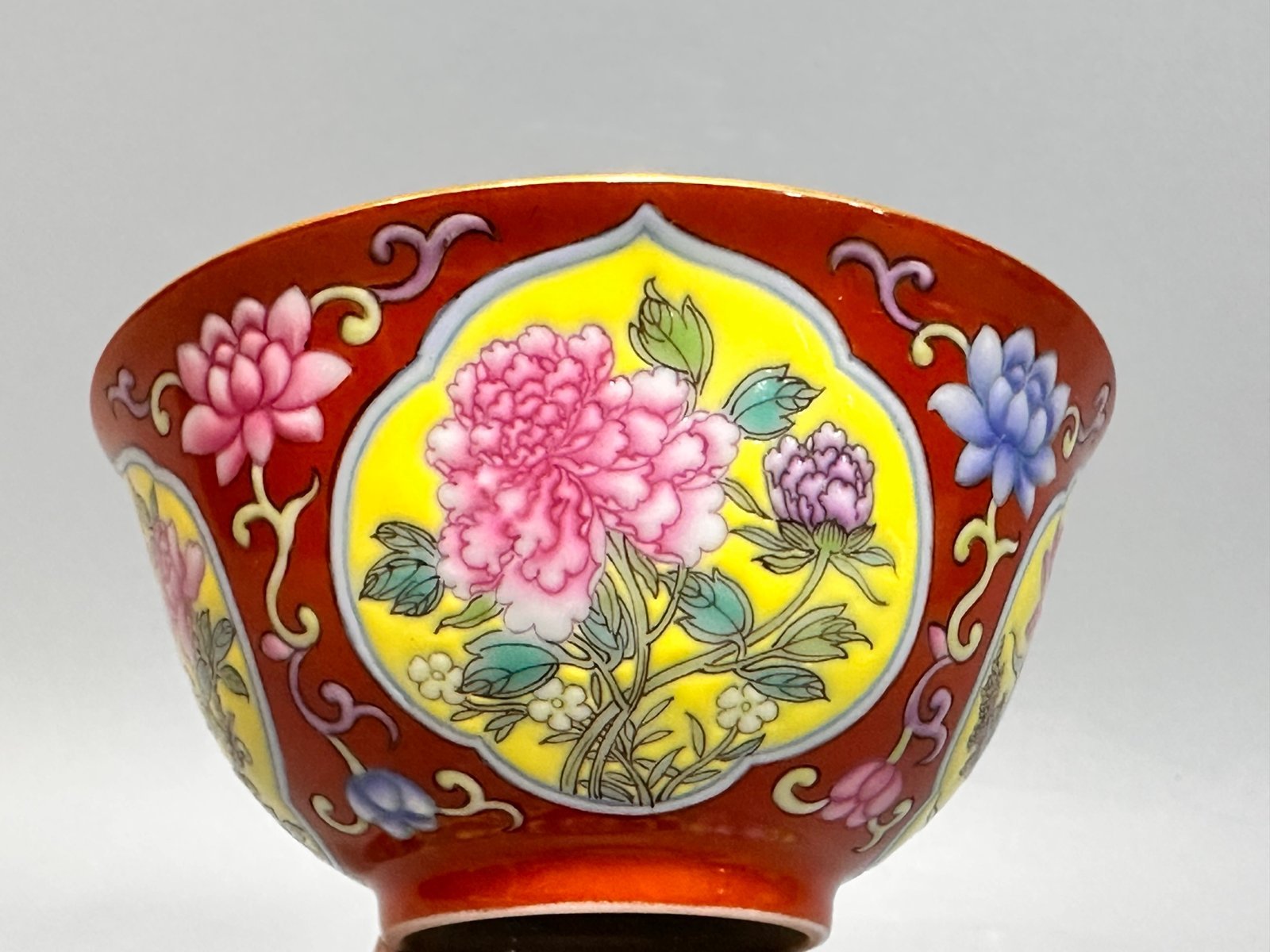 Oing Dynasty Yongzheng year carmine red cup with window opening and floral pattern