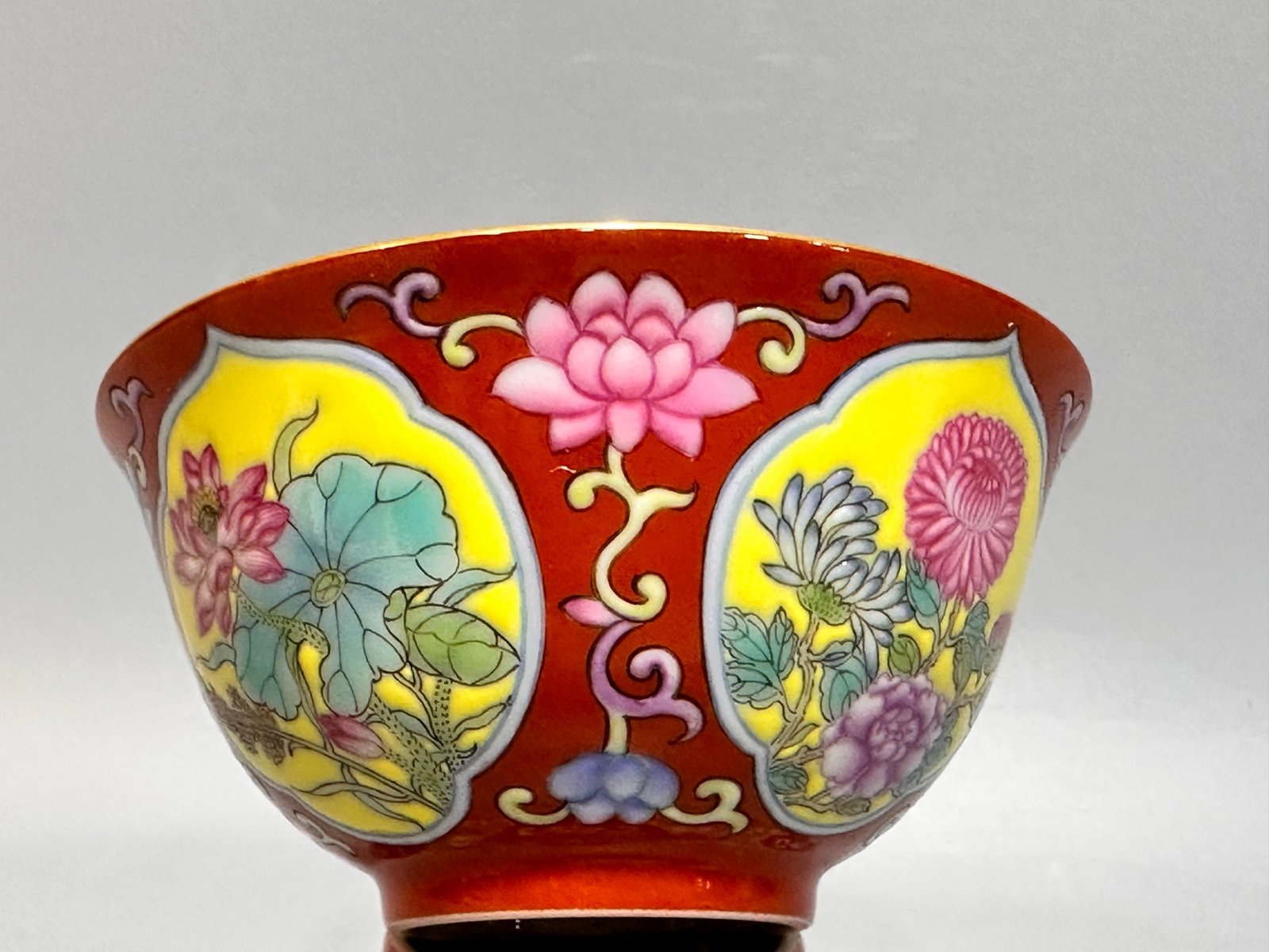 Oing Dynasty Yongzheng year carmine red cup with window opening and floral pattern
