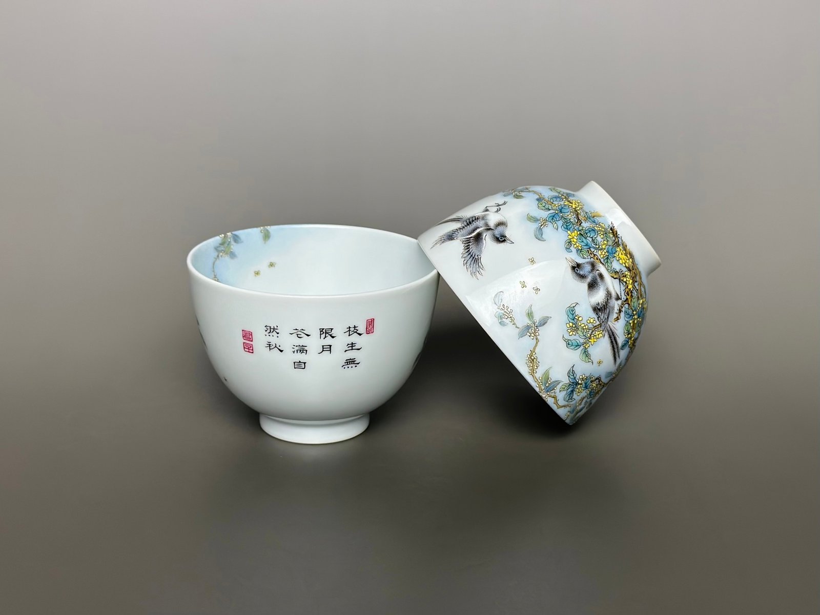 Oing Dynasty Yongzheng Enamel magpie and osmanthus poem inscribed on the wall