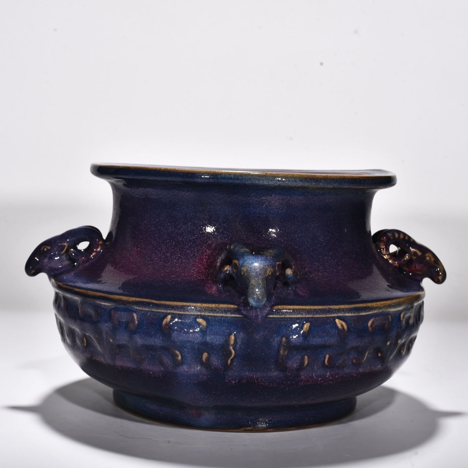 Song Dynasty Jun kiln rose purple glazed Kui dragon and sheep head jar