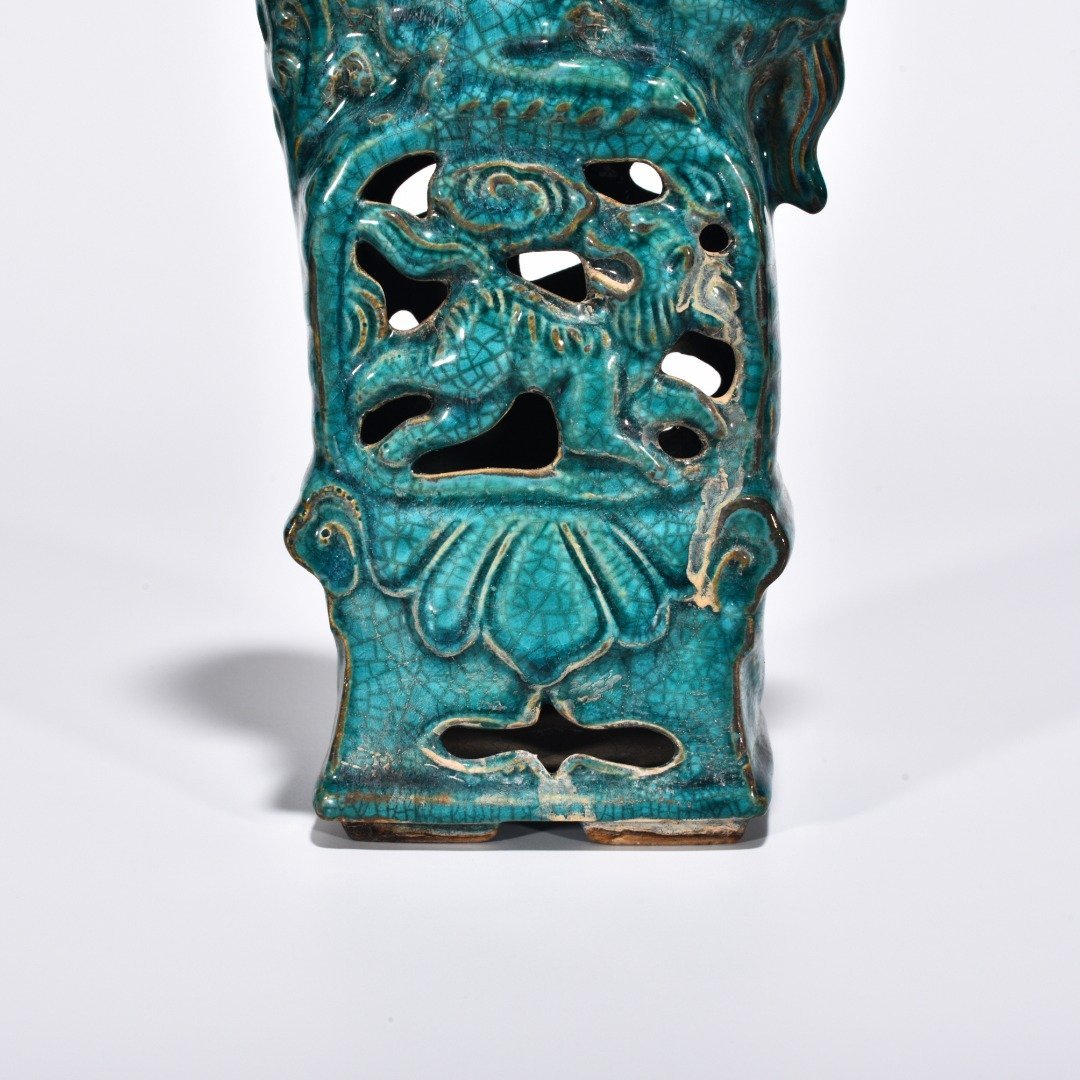 Five Dynasties Chai porcelain peacock green glaze lion and beast candlestick