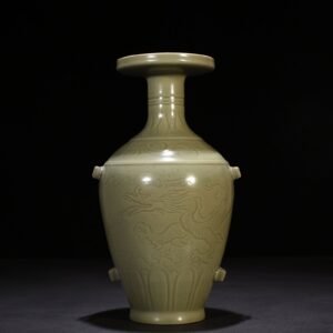 Five Dynasties Secret Color Yue Kiln Carved Dragon Pattern Threaded Plate-mouth Vase