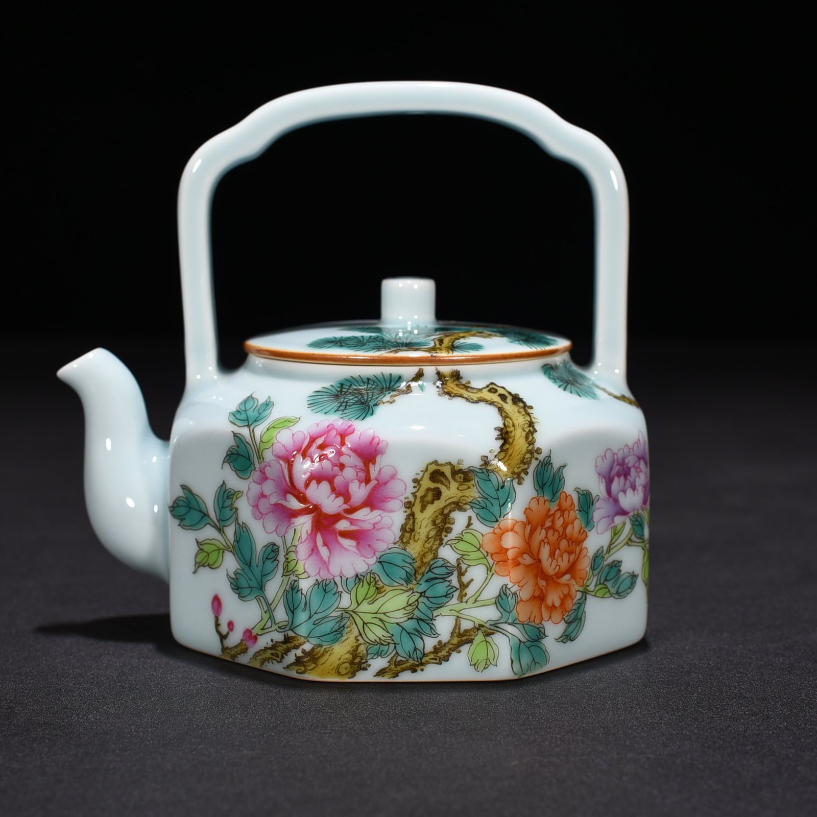 Five Dynasty pastel peony flower pattern octagonal handle teapot
