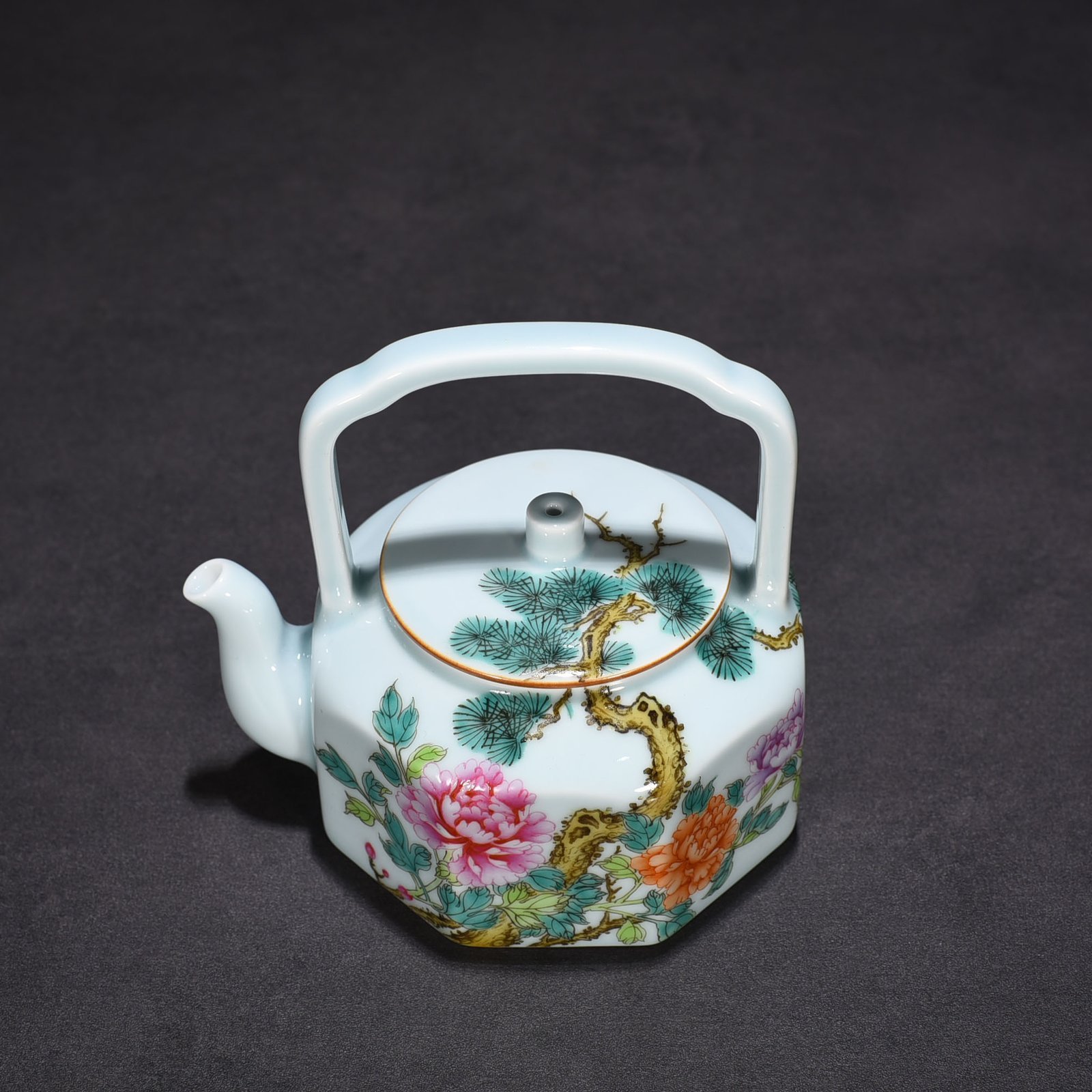 Five Dynasty pastel peony flower pattern octagonal handle teapot