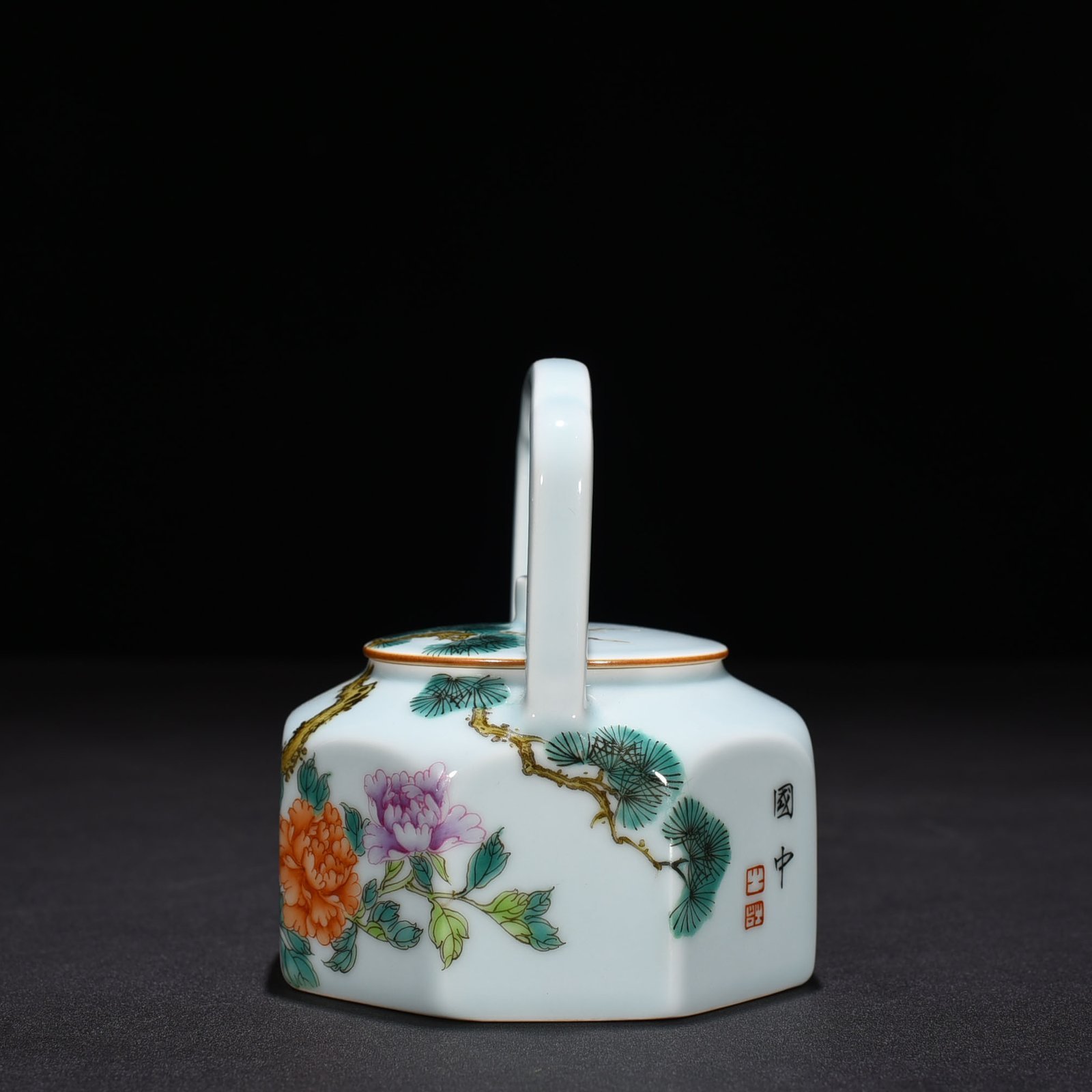 Five Dynasty pastel peony flower pattern octagonal handle teapot