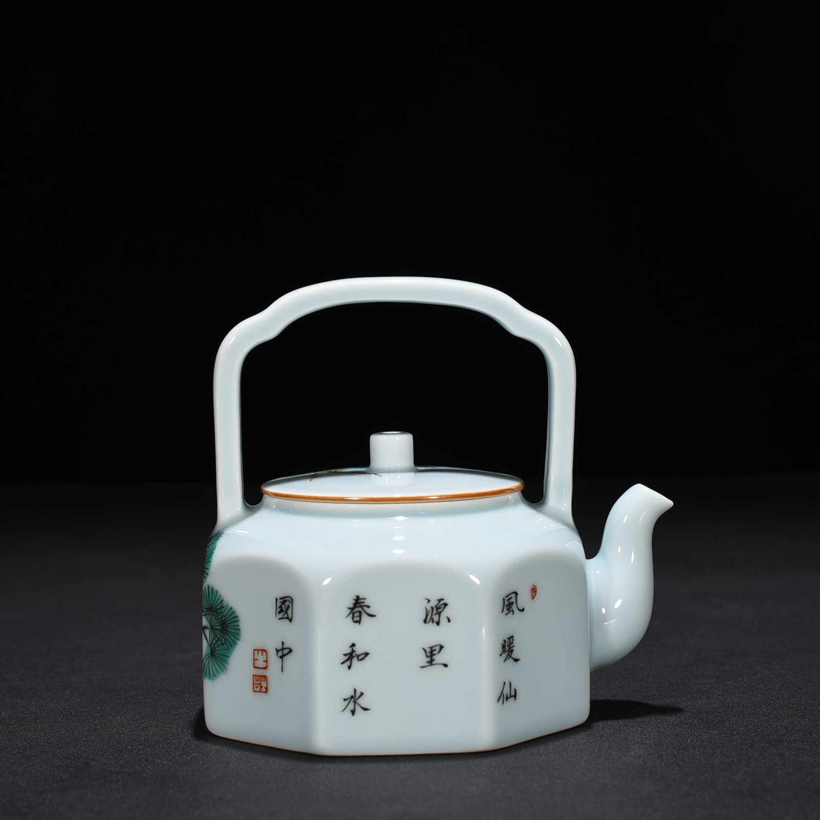 Five Dynasty pastel peony flower pattern octagonal handle teapot