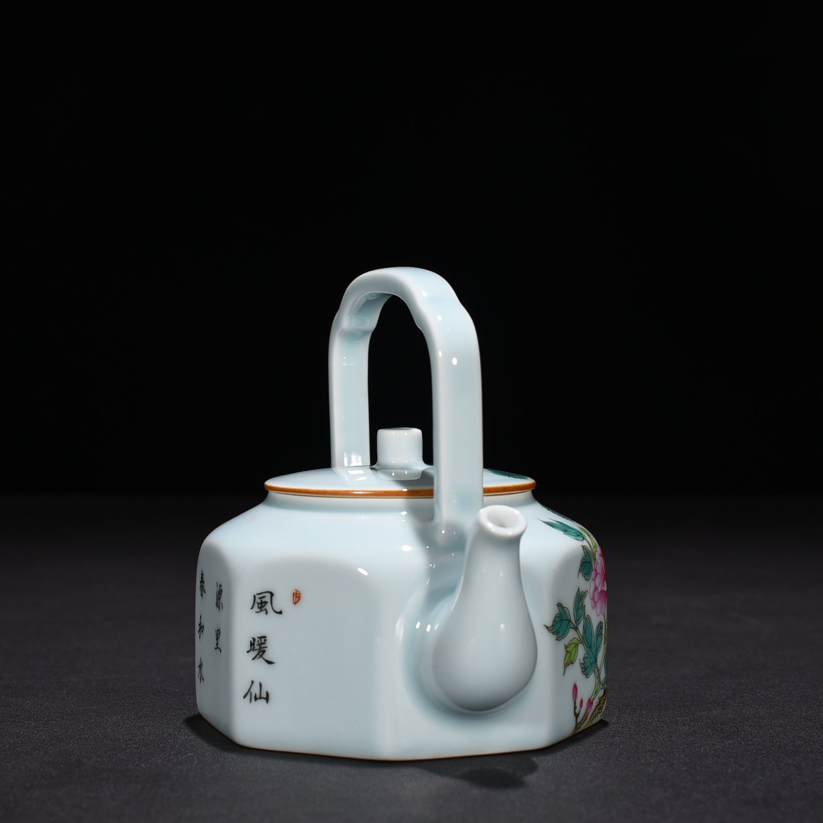 Five Dynasty pastel peony flower pattern octagonal handle teapot