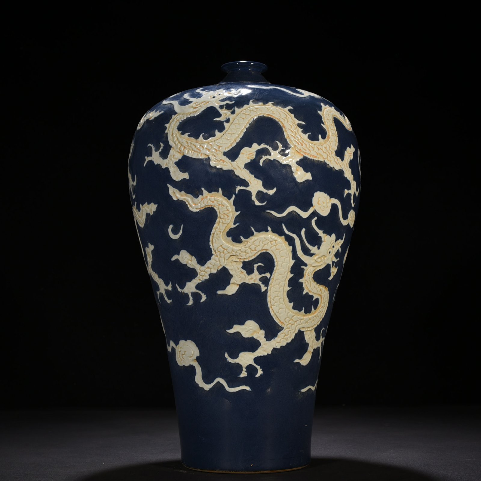 Yuan Dynasty Neifu style blue glaze plum vase with five dragon patterns
