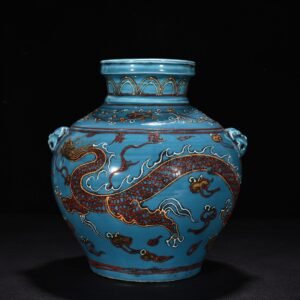 Yuan Dynasty Blue Glaze Enamel Pink Cloud Dragon Pattern Tiger Head Jar
