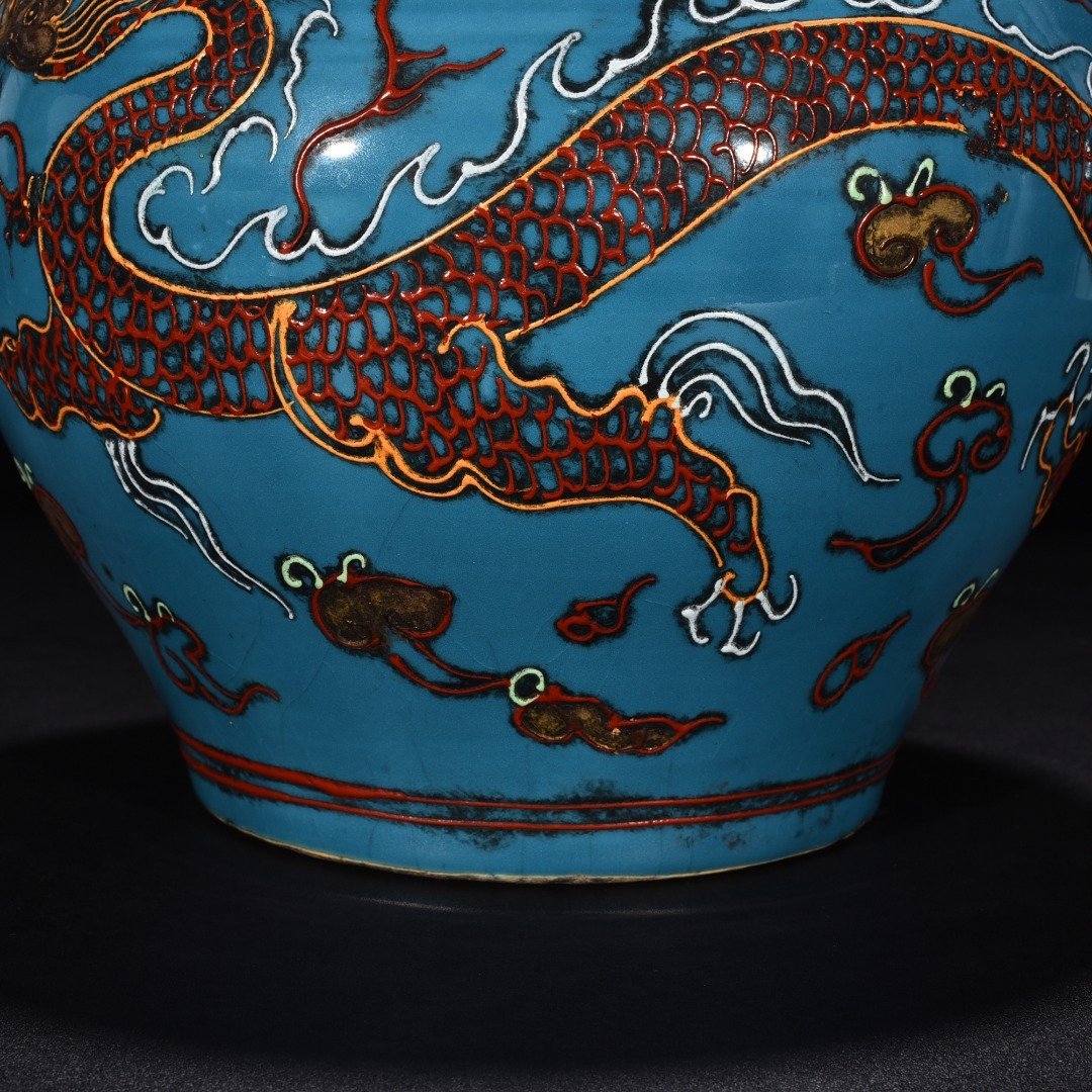 Yuan Dynasty Blue Glaze Enamel Pink Cloud Dragon Pattern Tiger Head Jar