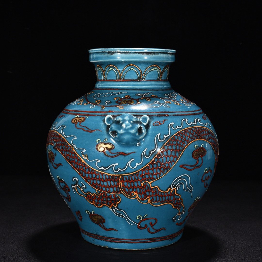 Yuan Dynasty Blue Glaze Enamel Pink Cloud Dragon Pattern Tiger Head Jar