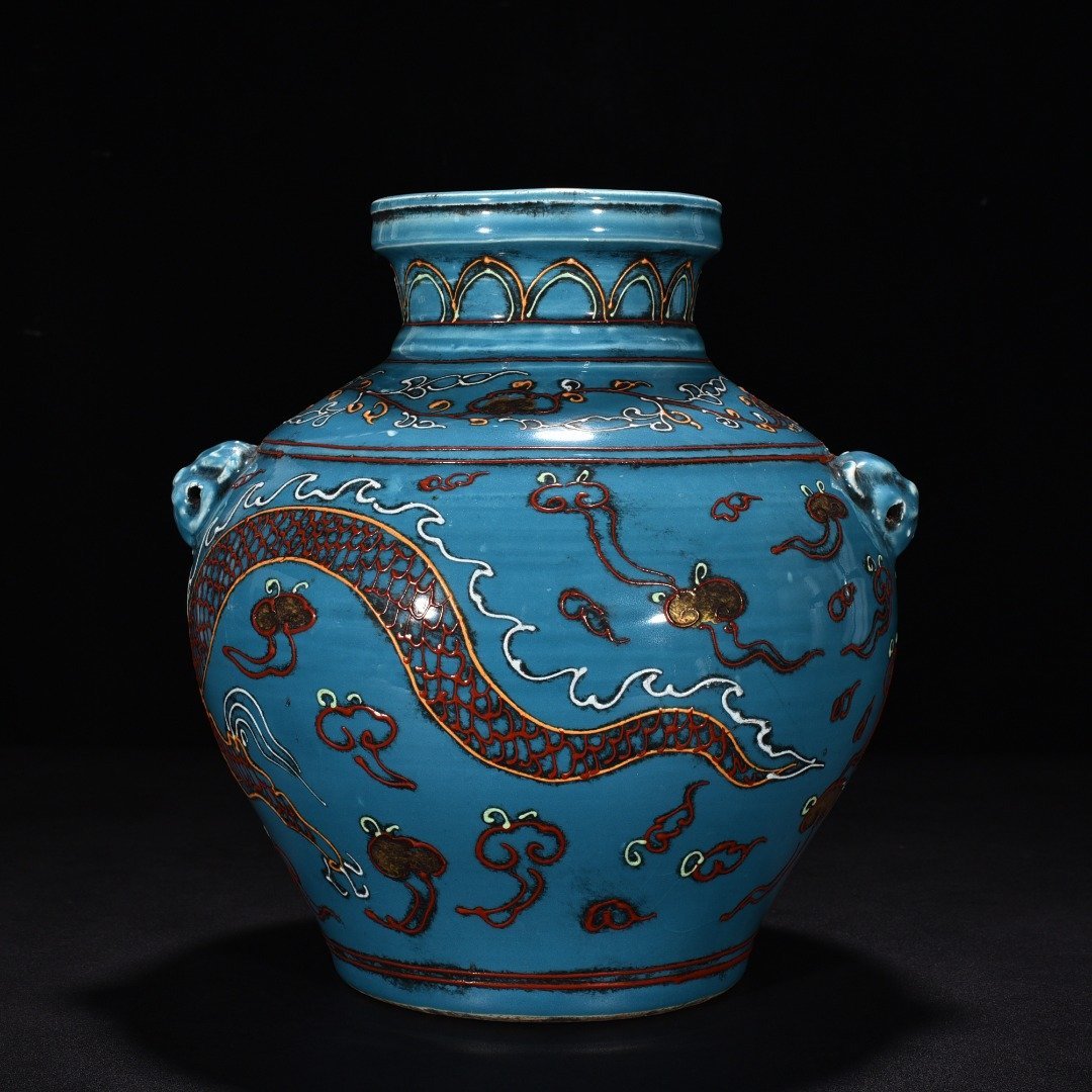 Yuan Dynasty Blue Glaze Enamel Pink Cloud Dragon Pattern Tiger Head Jar
