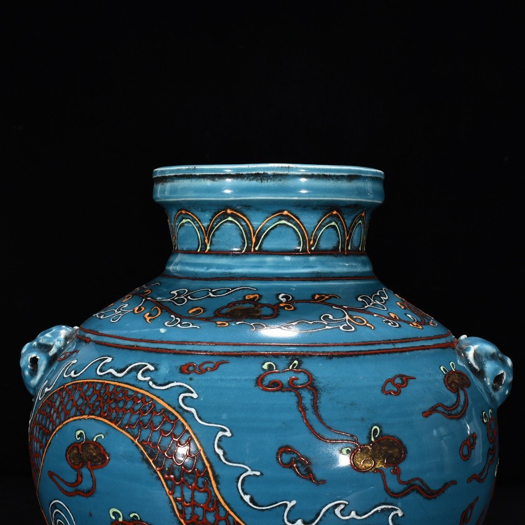Yuan Dynasty Blue Glaze Enamel Pink Cloud Dragon Pattern Tiger Head Jar