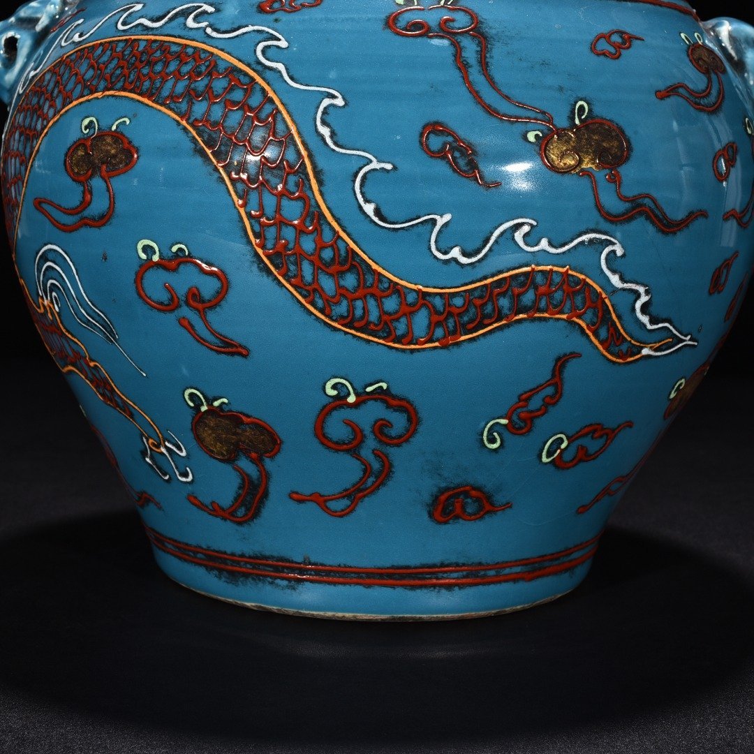 Yuan Dynasty Blue Glaze Enamel Pink Cloud Dragon Pattern Tiger Head Jar