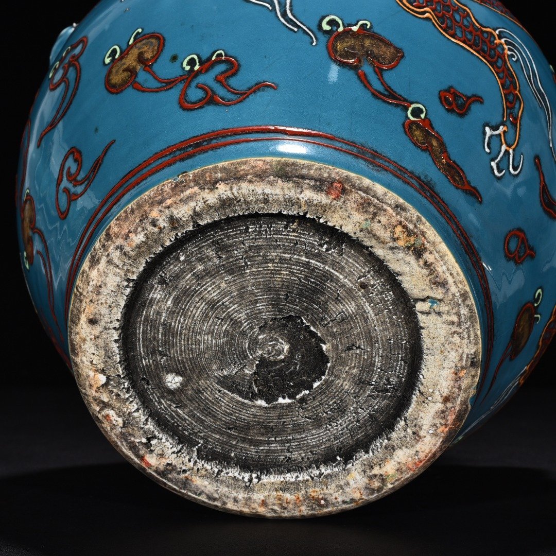 Yuan Dynasty Blue Glaze Enamel Pink Cloud Dragon Pattern Tiger Head Jar