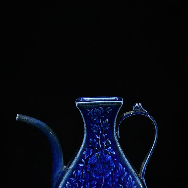 Yuan Dynasty blue glaze carved floral pattern square-handled ewer