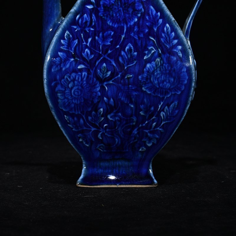 Yuan Dynasty blue glaze carved floral pattern square-handled ewer
