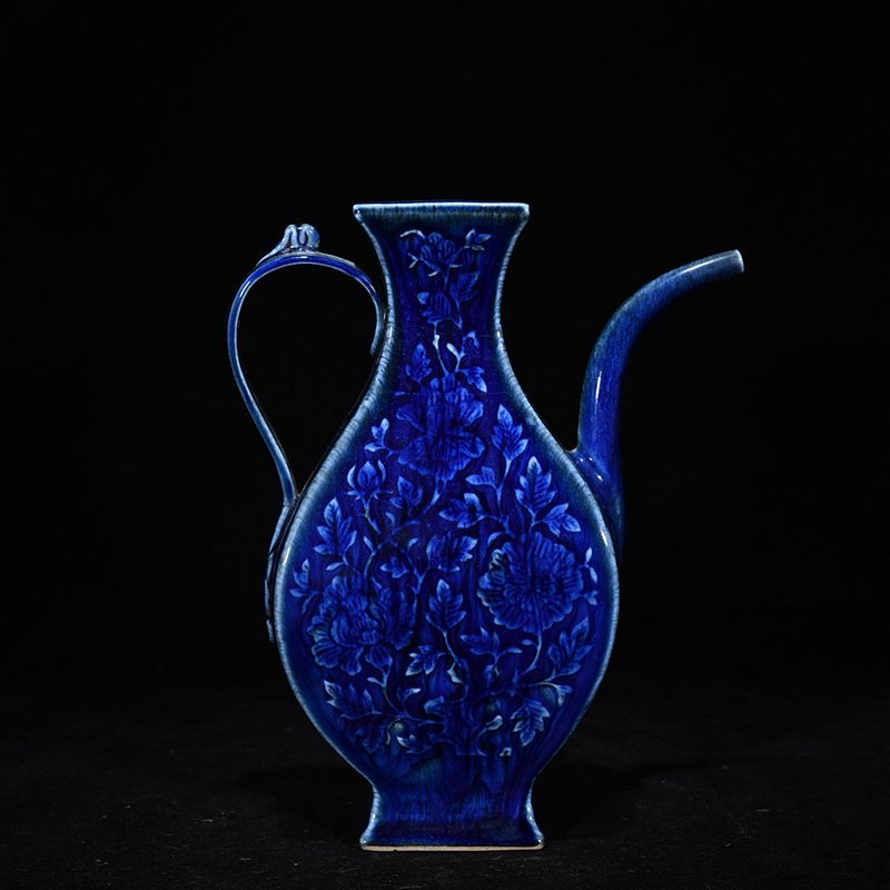Yuan Dynasty blue glaze carved floral pattern square-handled ewer