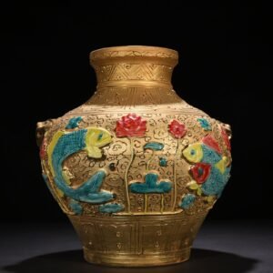 Yuan Dynasty Hu Gu Kiln style gold floor laminated colorful fish and algae pattern tiger head jar