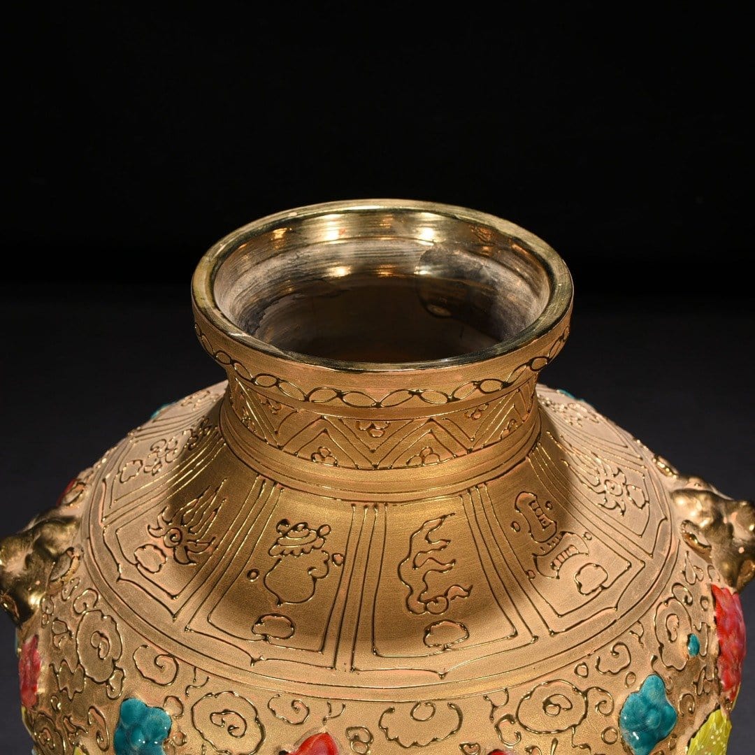 Yuan Dynasty Hu Gu Kiln style gold floor laminated colorful fish and algae pattern tiger head jar