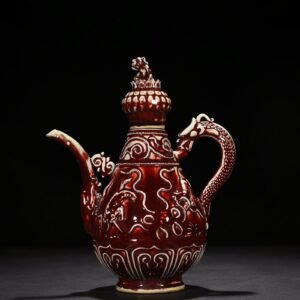 Yuan Dynasty red glaze embossed lion rolling hydrangea pattern holding pot