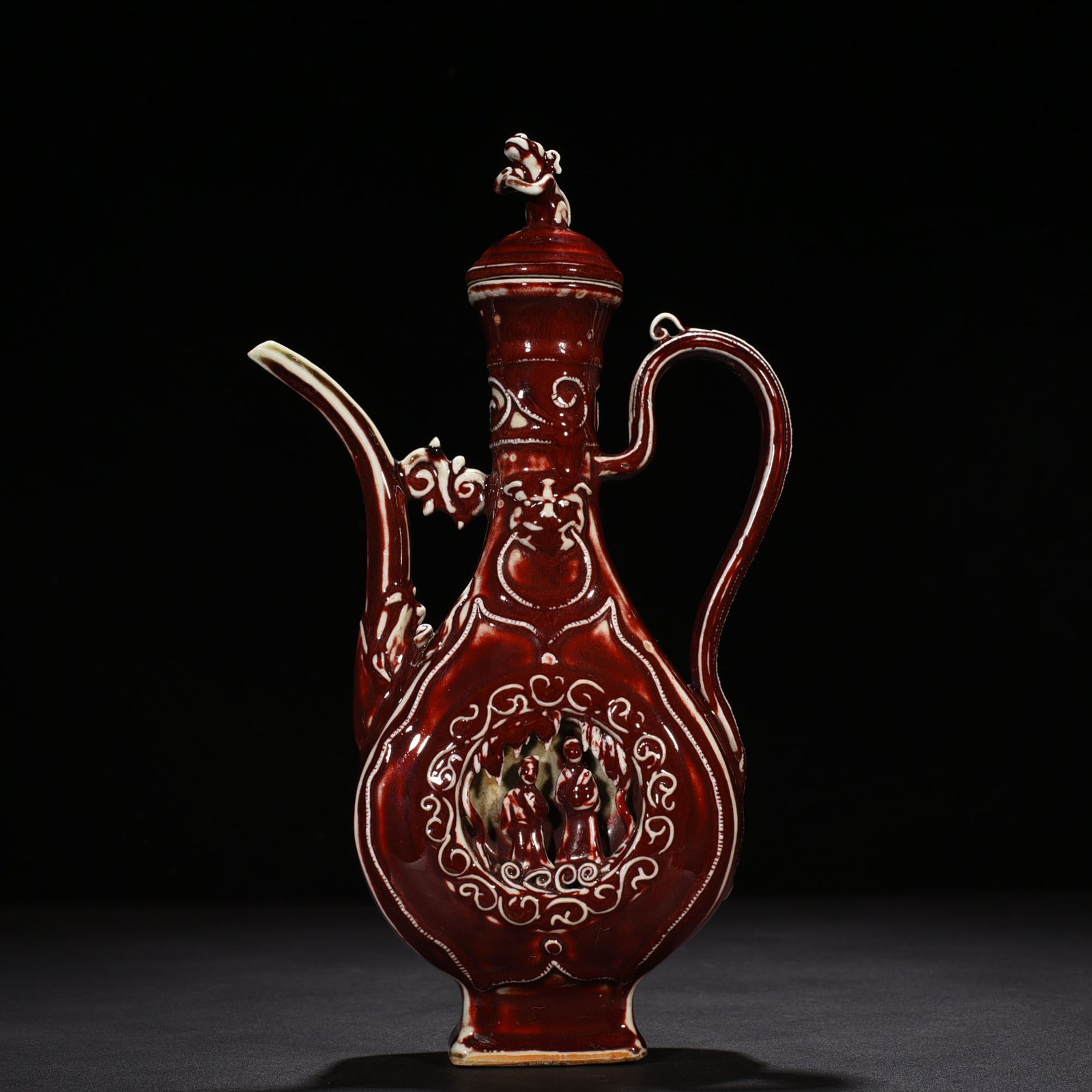 Yuan Dynasty red glaze hollow figure pattern holding pot