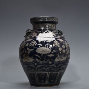 Yuan Dynasty blue glaze depicting anemone pond and mandarin duck amphora