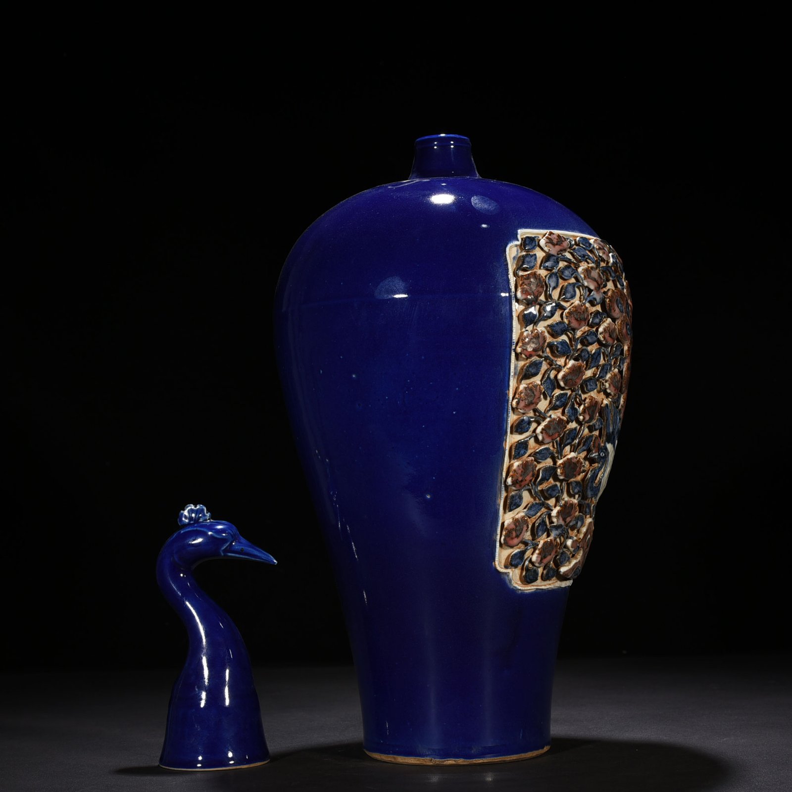 Yuan Dynasty blue glaze laminated blue and white plum vase with red underglaze peacock and peony pattern