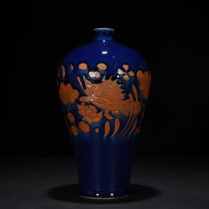 Yuan Dynasty blue glaze carved fish and algae pattern plum vase