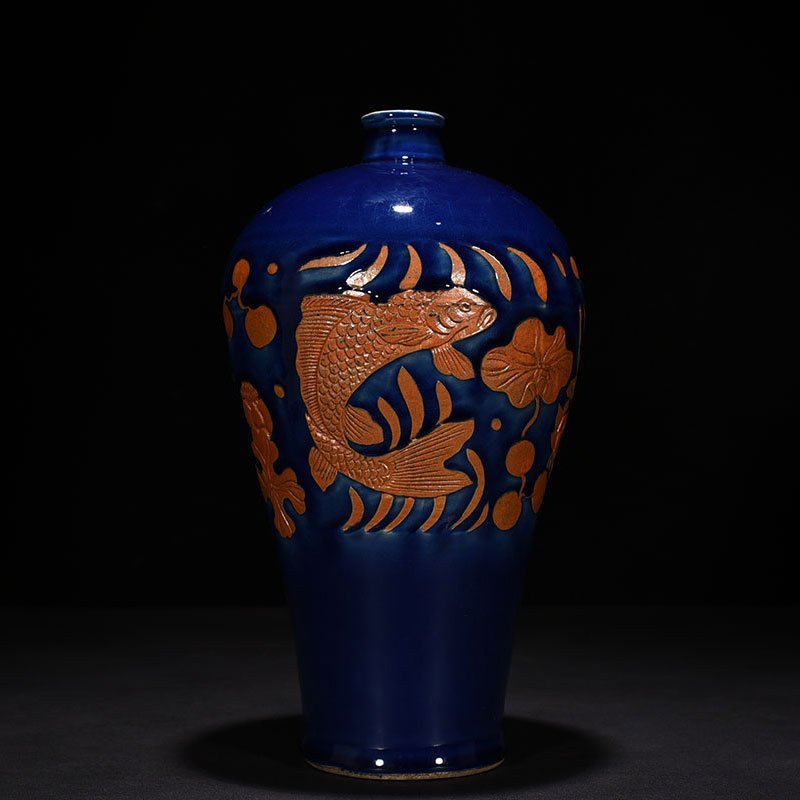 Yuan Dynasty blue glaze carved fish and algae pattern plum vase