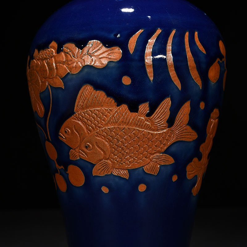 Yuan Dynasty blue glaze carved fish and algae pattern plum vase