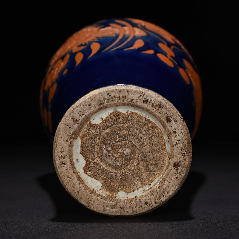 Yuan Dynasty blue glaze carved fish and algae pattern plum vase